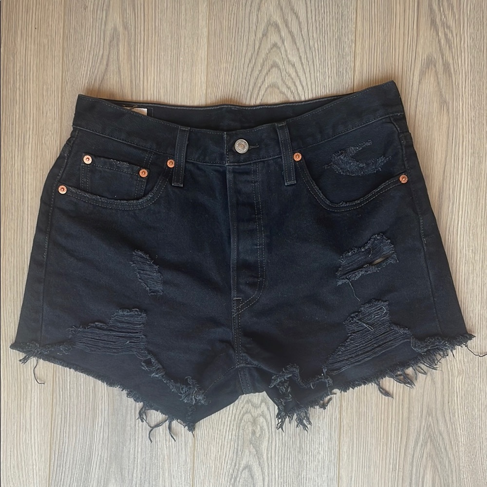 Levi 501 distressed Black Denim Shorts size 29